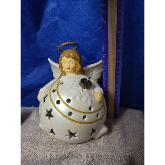 QVC Ceramic Angel Flameless Candle Luminaries Ornament In Gift Box Gold & Cream - Picture 10 of 11